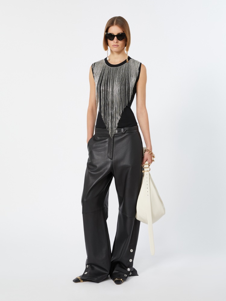 Wool top with bejewelled fringe detail - BLACK