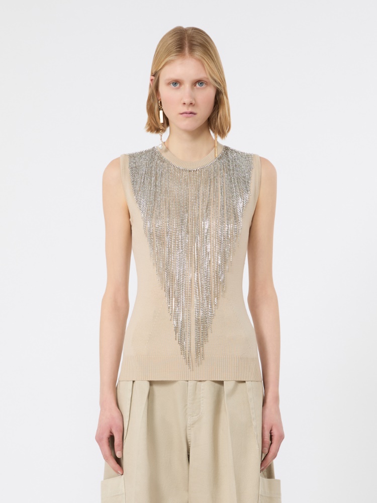 Wool top with bejewelled fringe detail - BEIGE - 2