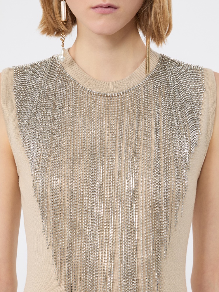 Wool top with bejewelled fringe detail - BEIGE - 5