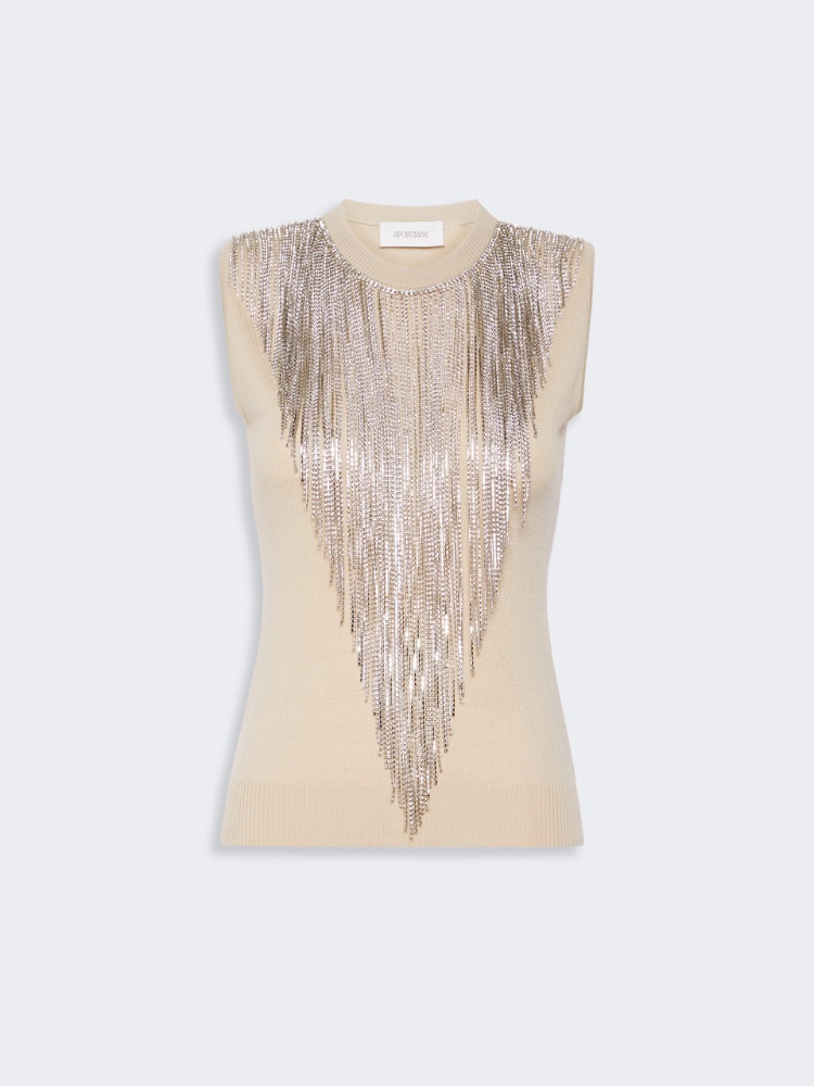Wool top with bejewelled fringe detail - BEIGE - 6
