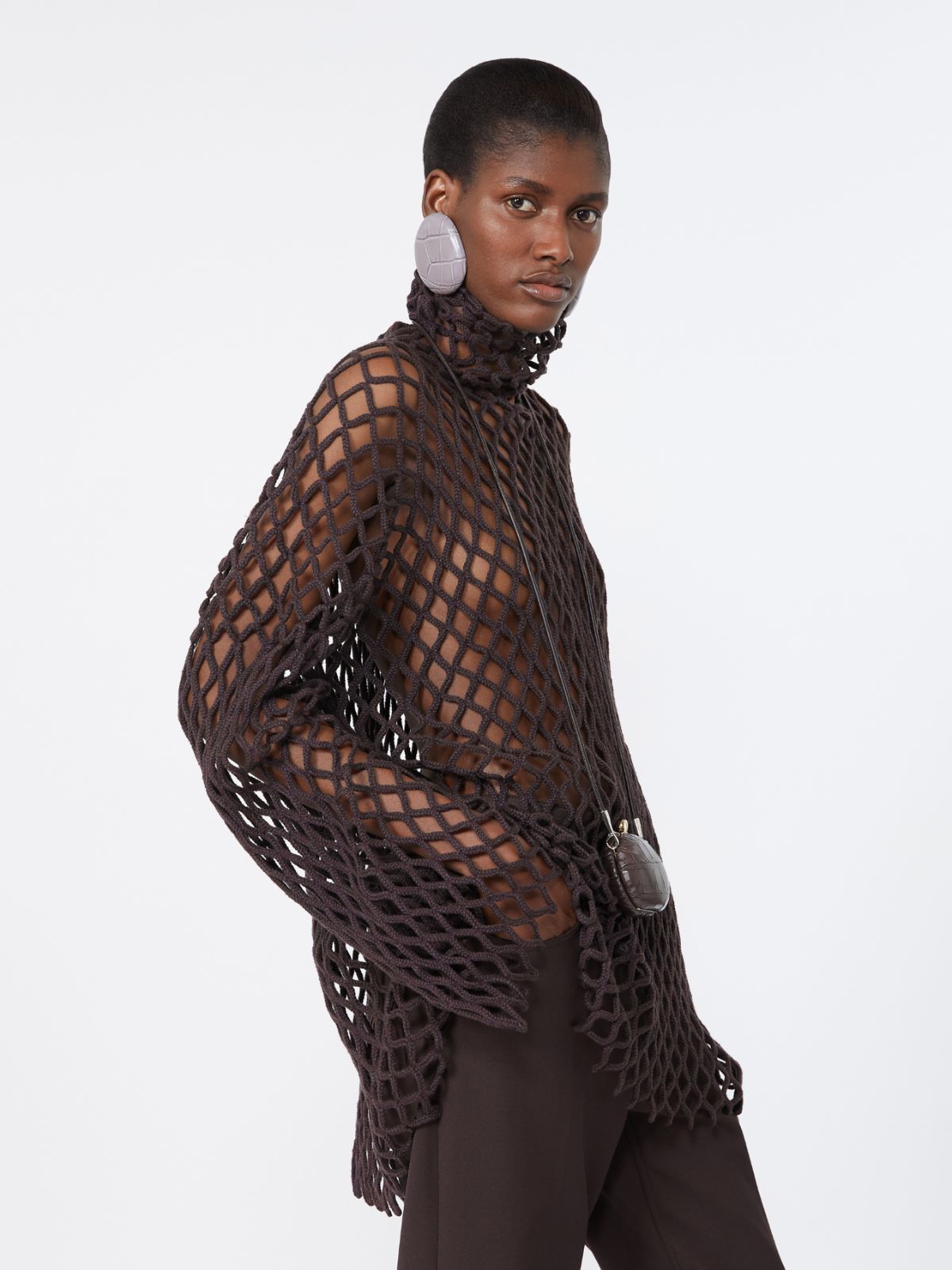 Open mesh-knit wool-blend sweater - DARK BROWN - Max Mara - 4