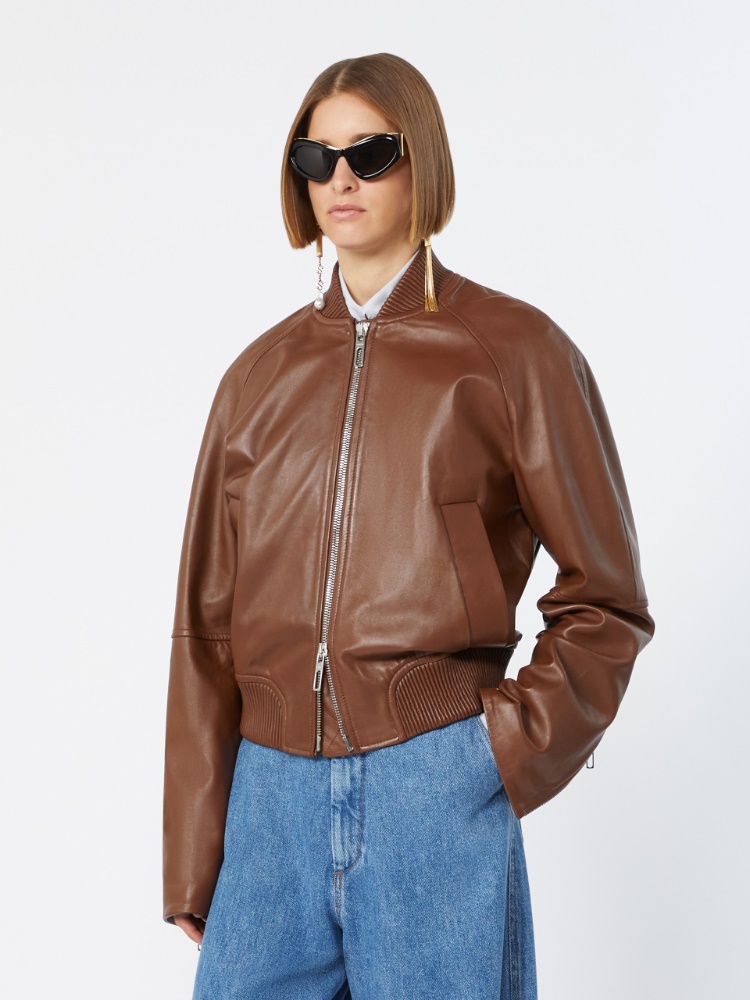 [アムール] ナッパ レザー ボンバー ジャケット - BROWN - 4