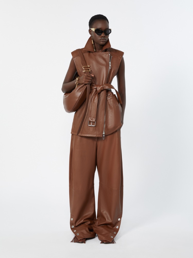 Sleeveless nappa leather jacket - BROWN