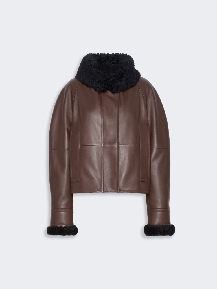 Short padded leather jacket - COFFEE