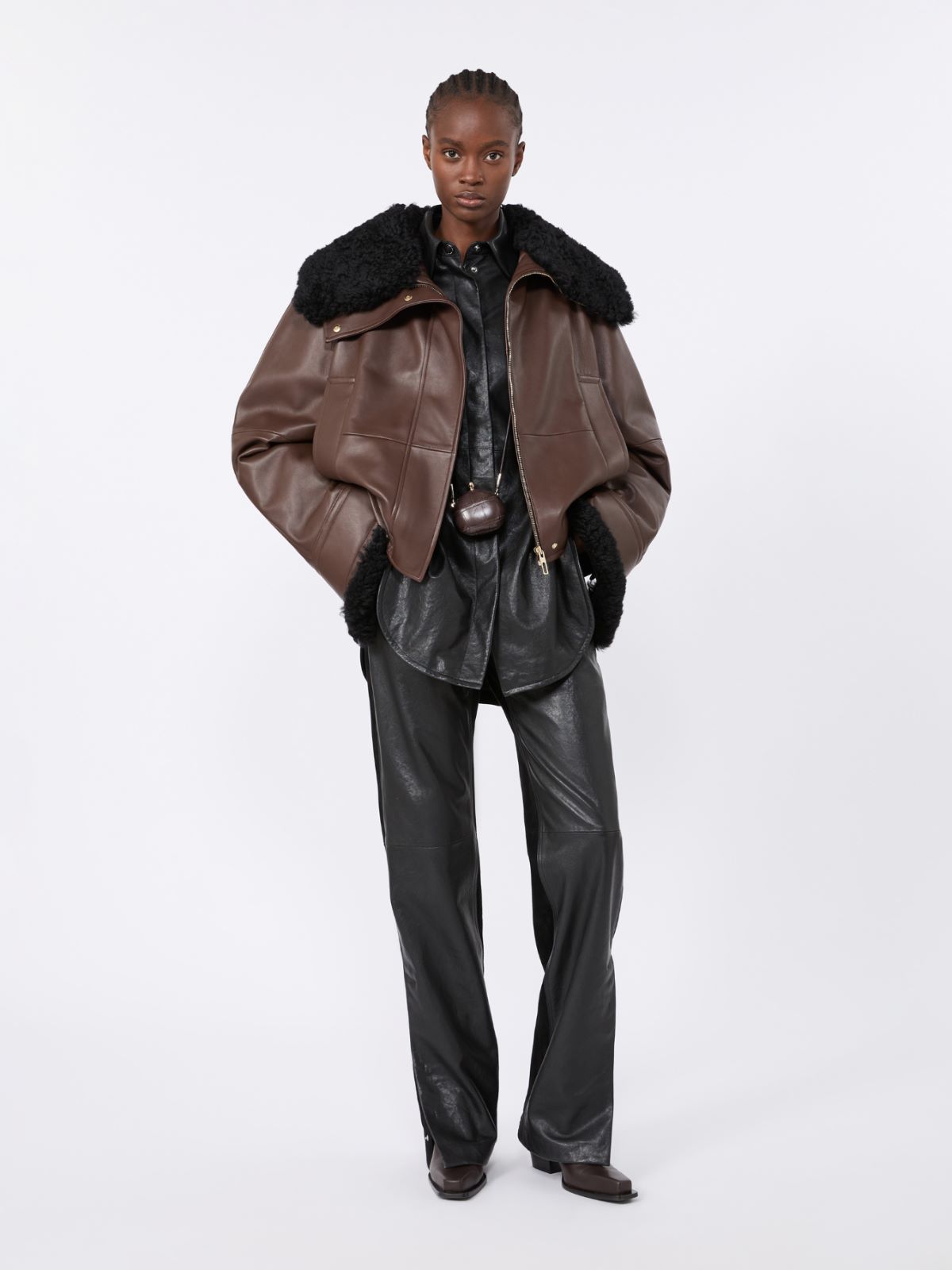 Short padded leather jacket - COFFEE - Max Mara