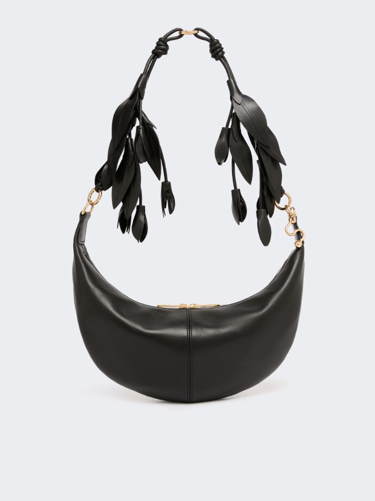 Nappa leather hobo bag with a flower decoration - BLACK