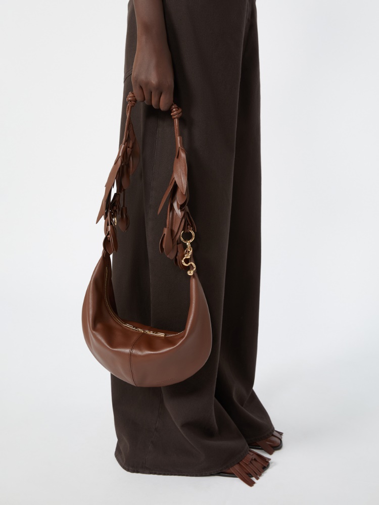 Nappa leather hobo bag with a flower decoration - BROWN