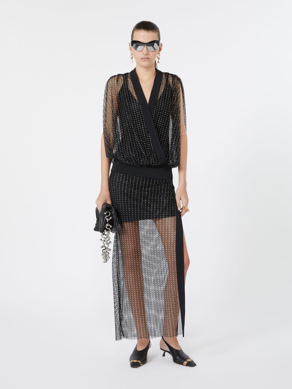 Long jersey and rhinestone dress - BLACK