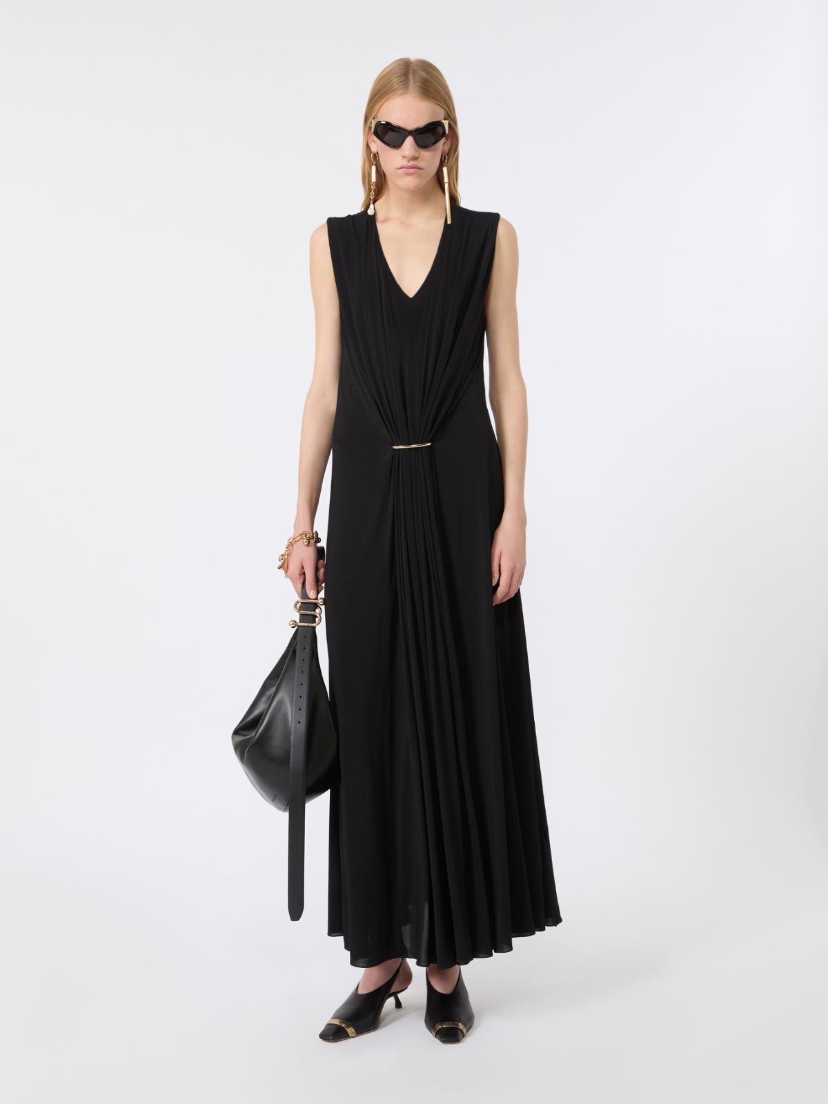 Sleeveless draped viscose jersey dress - BLACK