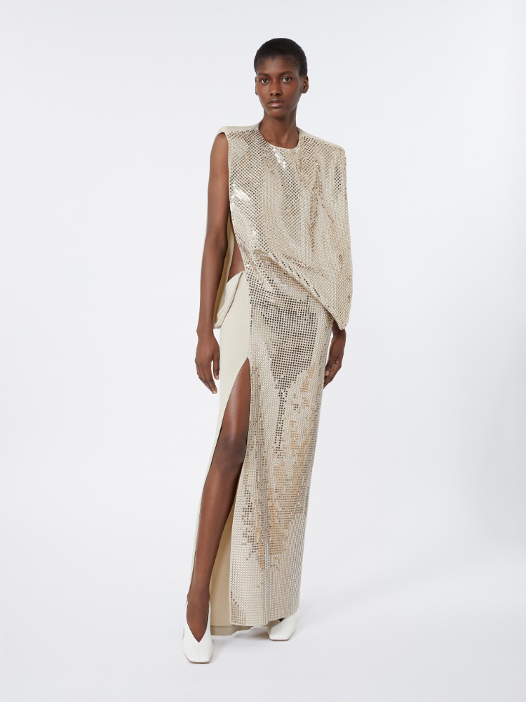 Rhinestone-adorned long cady and organzine dress - OLIVE GREEN