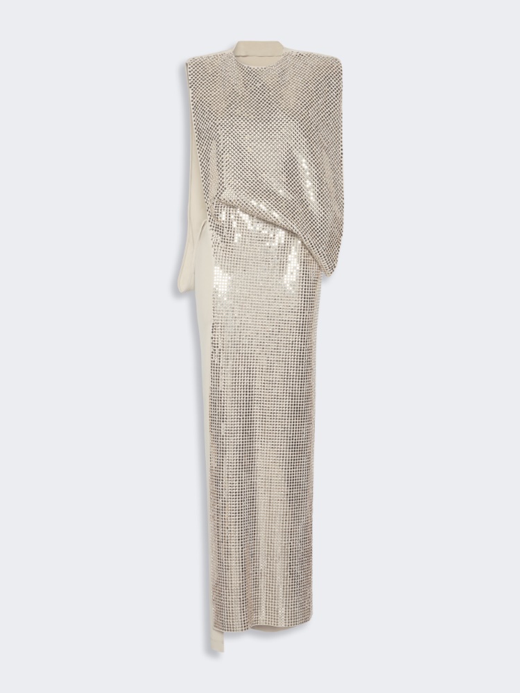 Rhinestone-adorned long cady and organzine dress - OLIVE GREEN