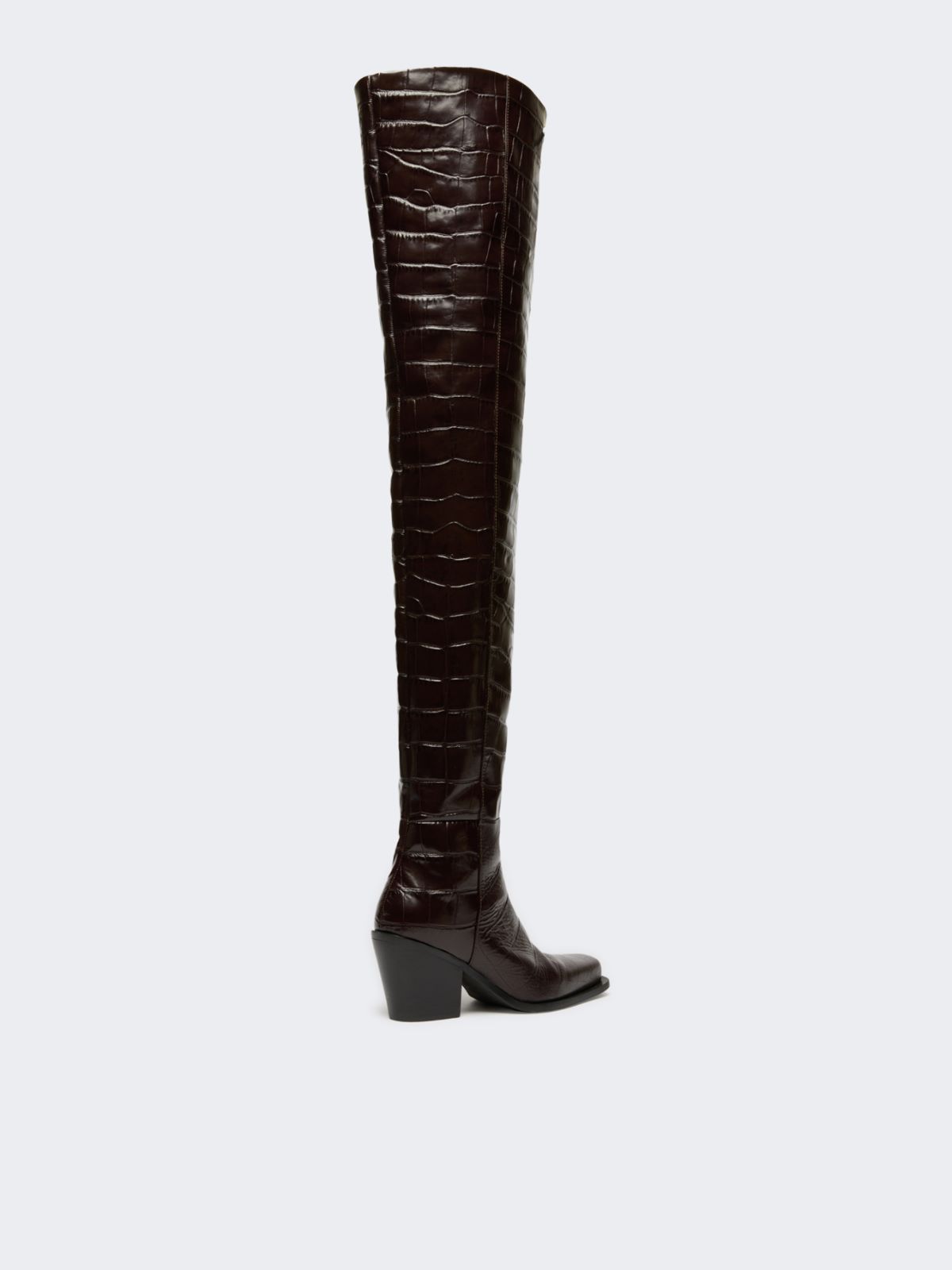 Crocodile-print calfskin thigh-high cowboy boots - BROWN - Max Mara - 3