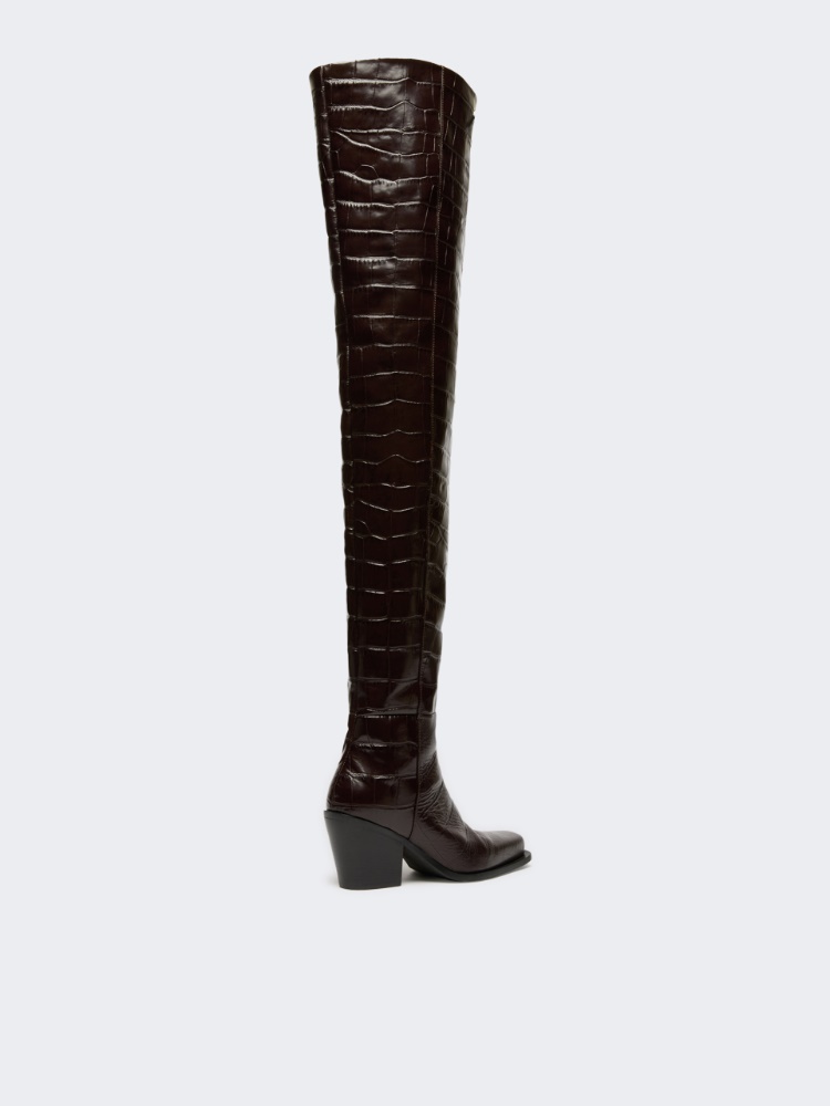 Crocodile-print calfskin thigh-high cowboy boots - BROWN - Max Mara - 3