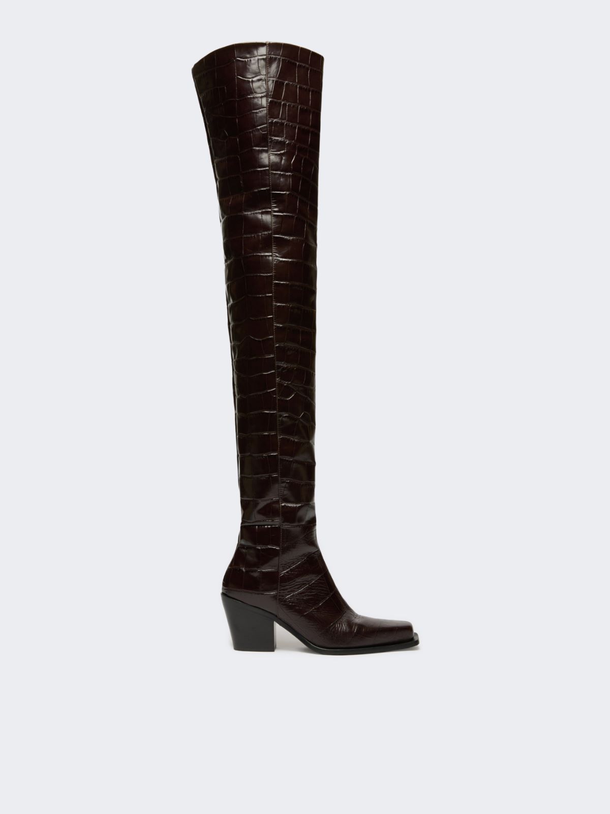 Crocodile-print calfskin thigh-high cowboy boots - BROWN - Max Mara