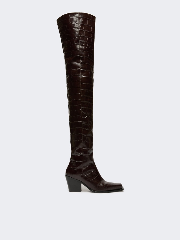 Crocodile-print calfskin thigh-high cowboy boots - BROWN - Max Mara