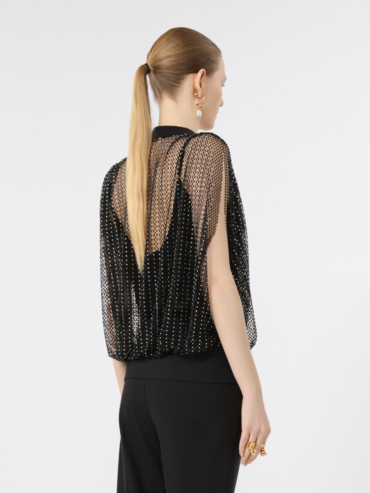 Rhinestone-detail sleeveless mesh jersey top - BLACK - Max Mara - 3