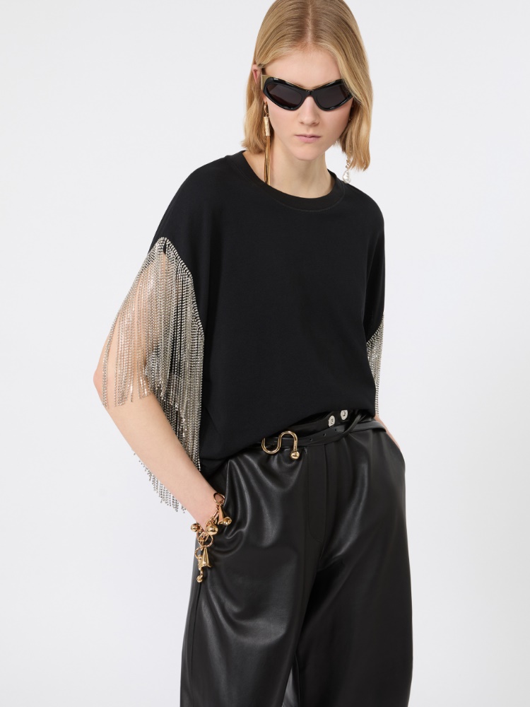 Boxy-T-Shirt aus Baumwolle mit Strass-Fransen - SCHWARZ - 4
