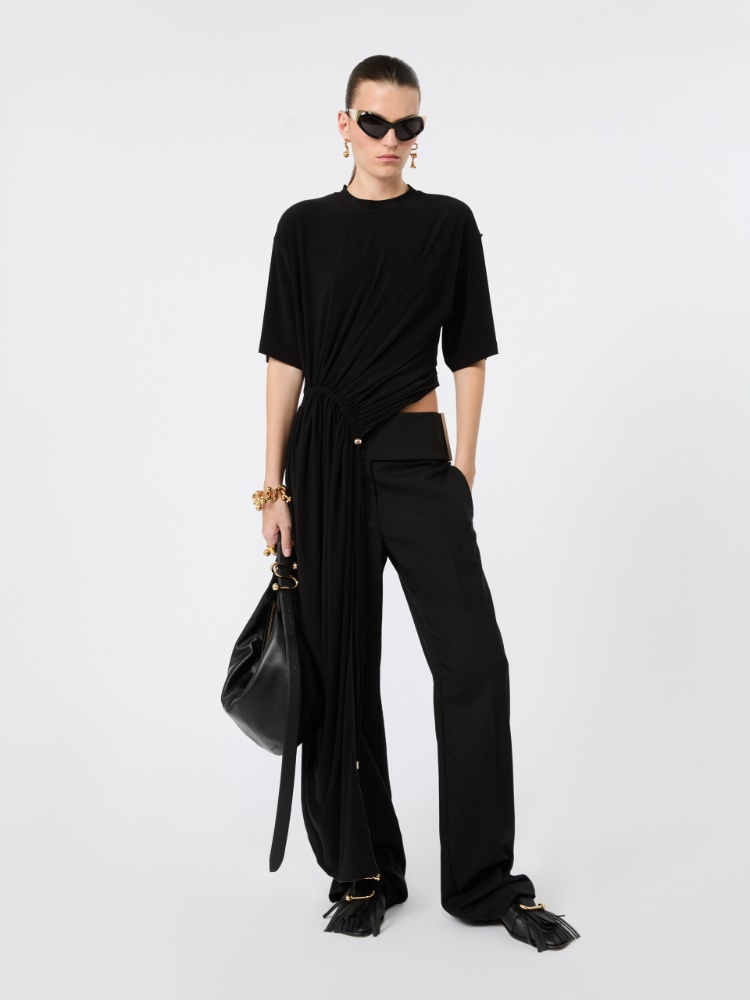 Short-sleeved draped jersey top - BLACK