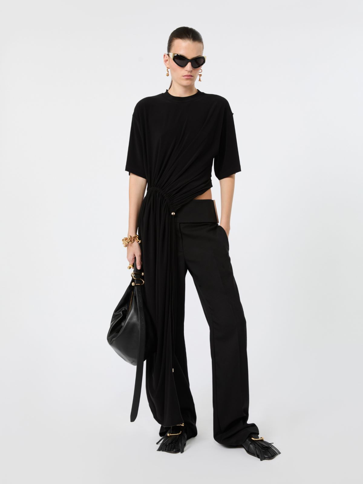 Short-sleeved draped jersey top - BLACK - Max Mara