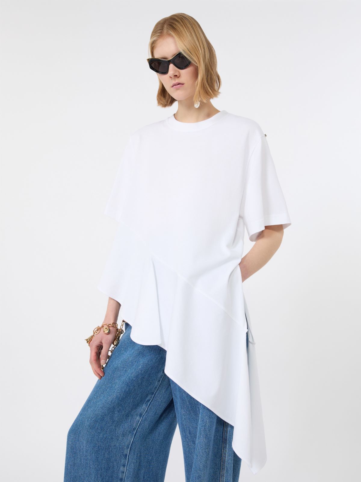 Asymmetrical cotton T-shirt - OPTICAL WHITE - Max Mara - 4