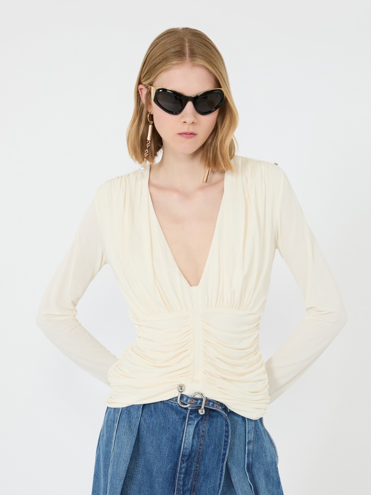 Long-sleeved viscose jersey top - WHITE - 4