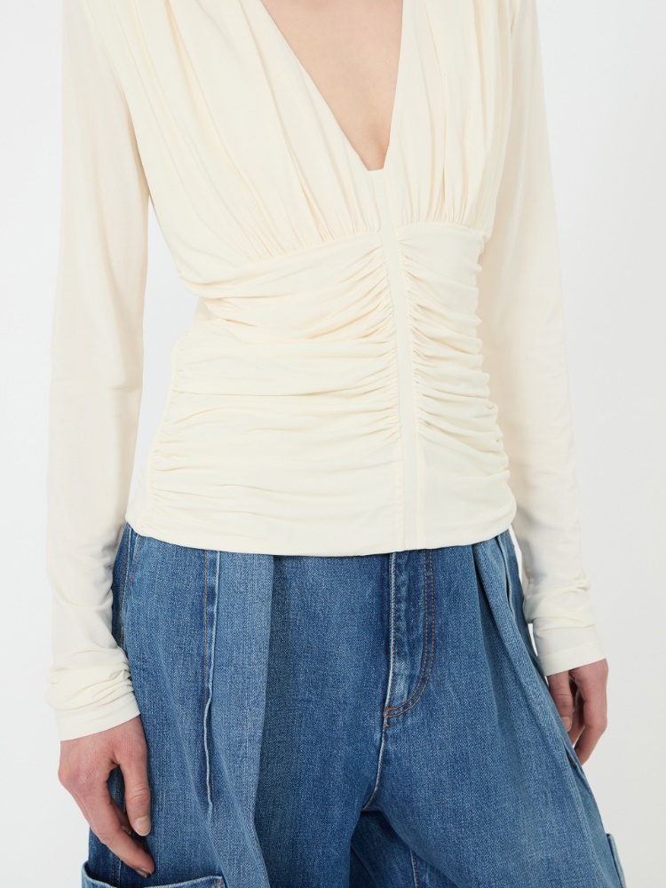 Long-sleeved viscose jersey top - WHITE - 5