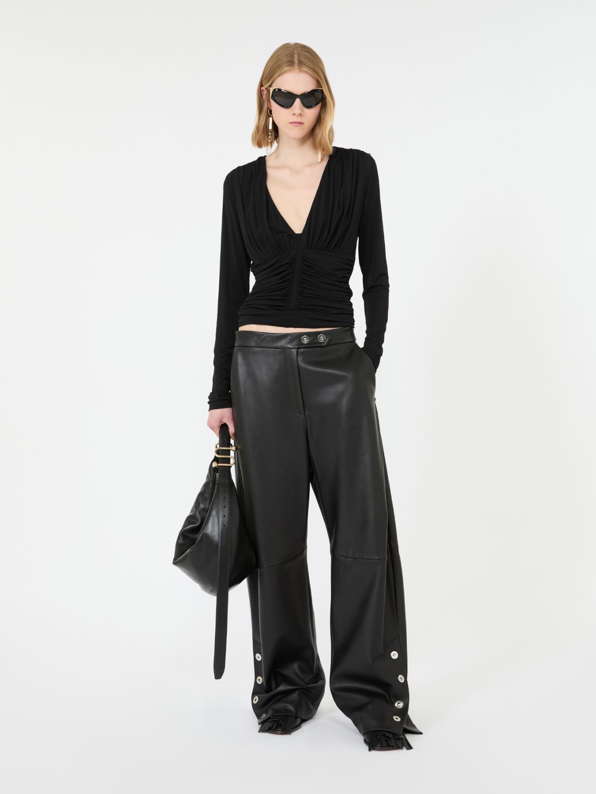 Long-sleeved viscose jersey top - BLACK