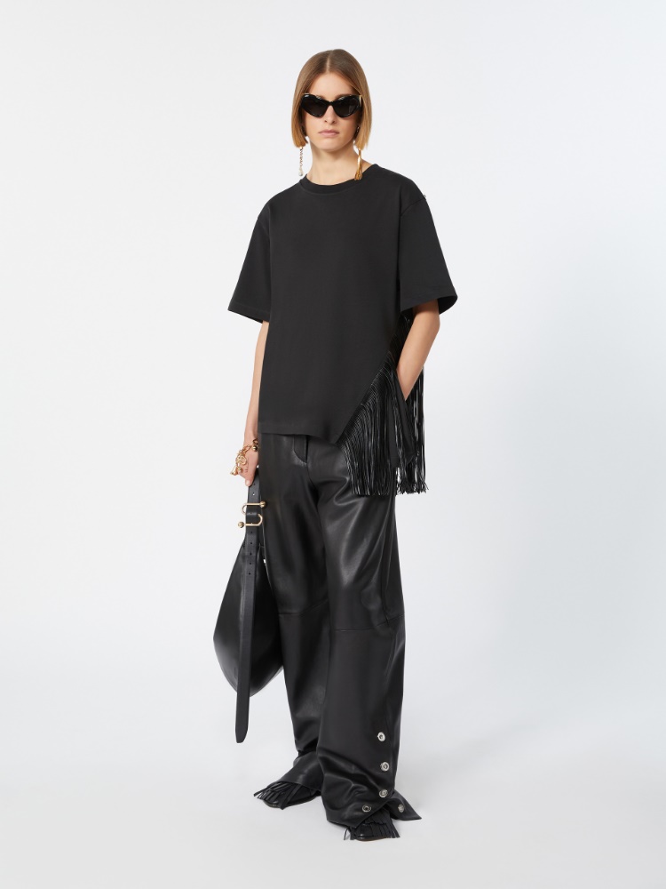 Fringed cotton T-shirt - BLACK