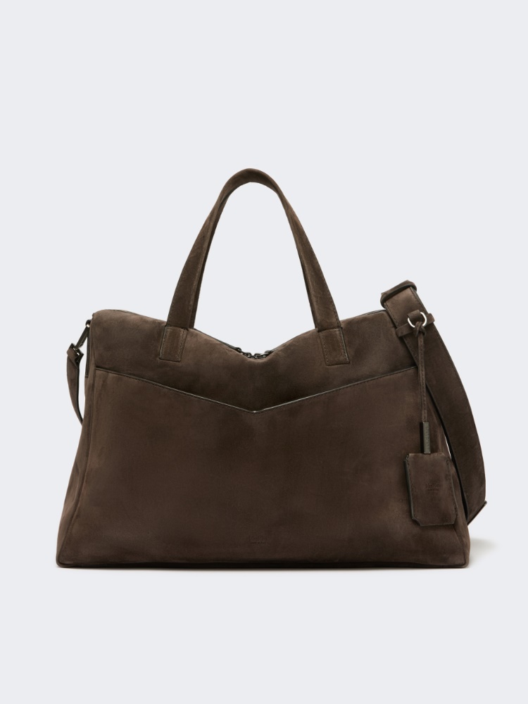 Extra-large shoulder bag in split leather - DARK BROWN