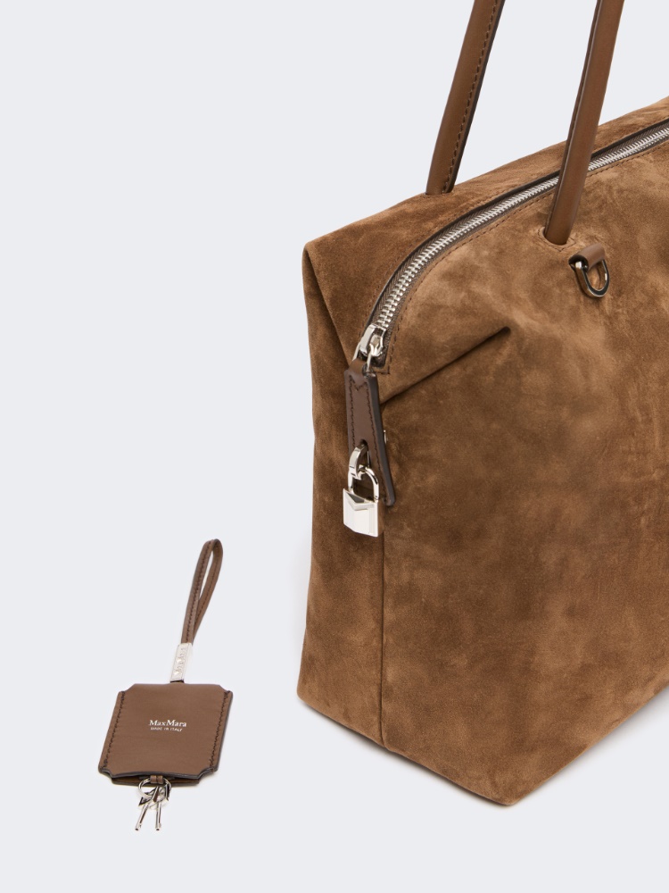 Eckige Henkeltasche aus Spaltleder und Leder - KAKAO - 4