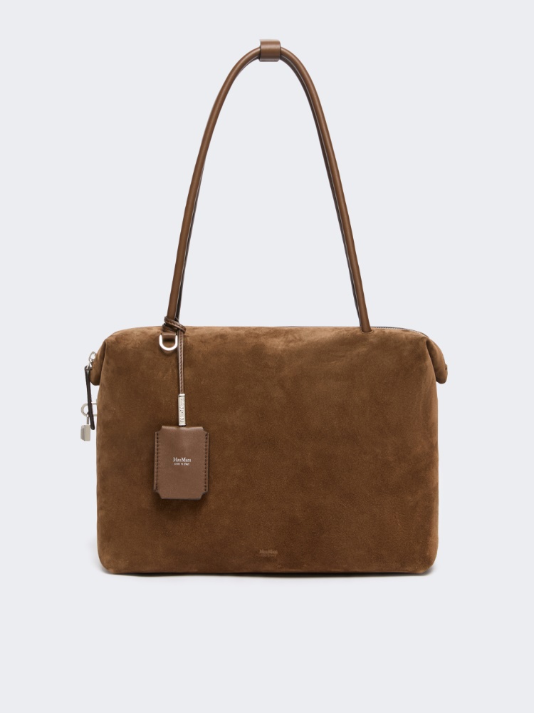 Square Boston bag in split leather and leather - COCOA