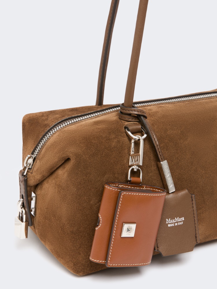 Horizontal Boston bag in split leather - COCOA - 3