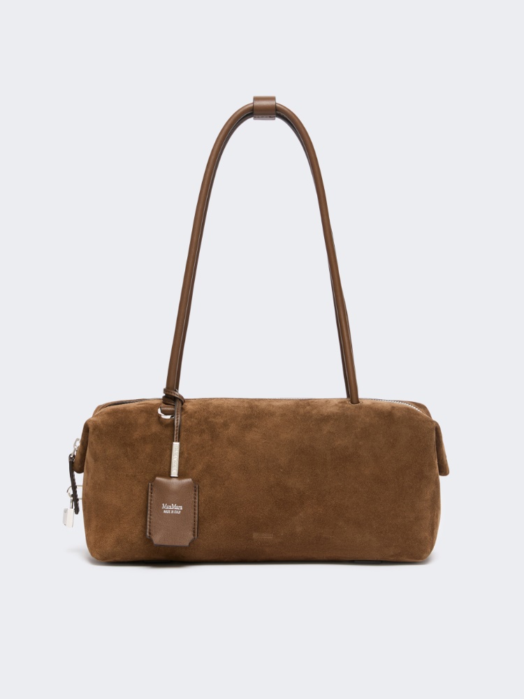 Horizontal Boston bag in split leather - COCOA