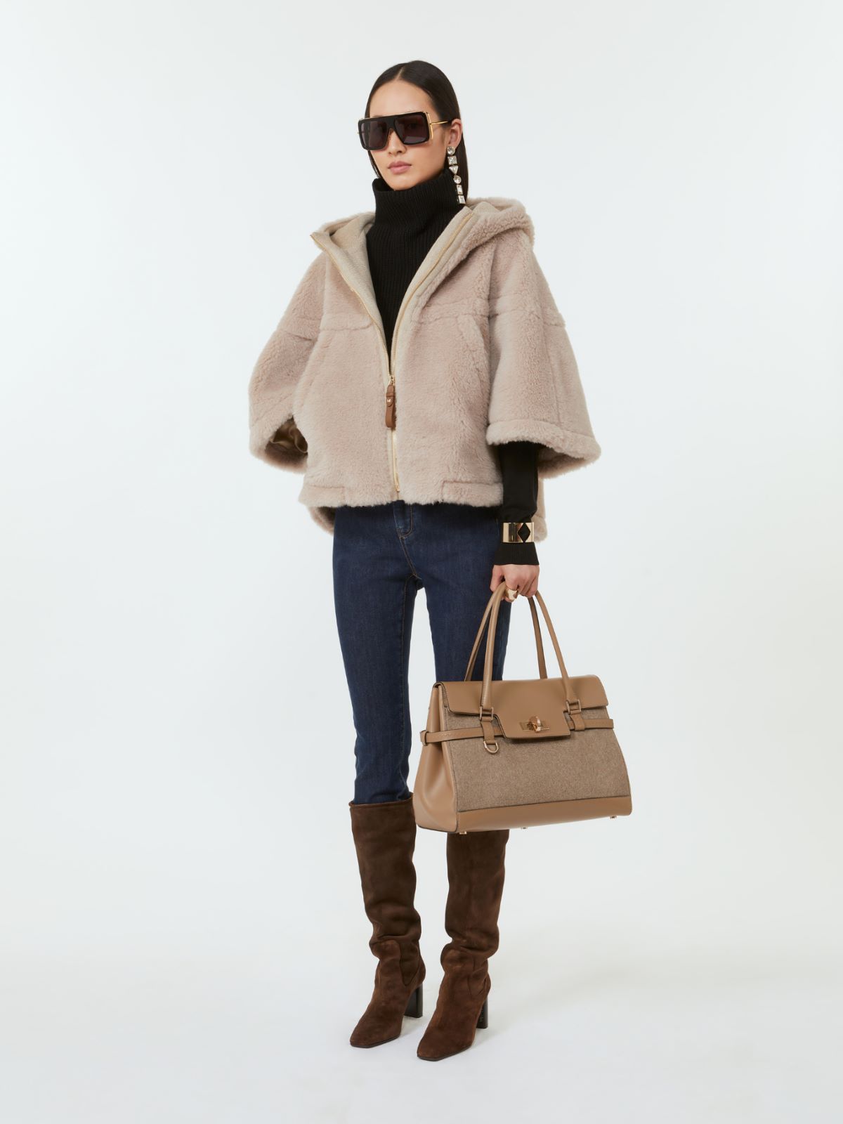 Cashmere and leather handbag - BROWN