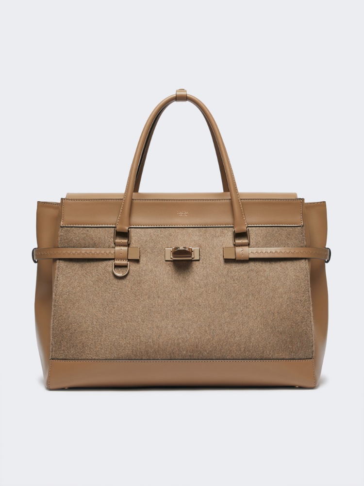 Large cashmere and leather handbag - BROWN - 3