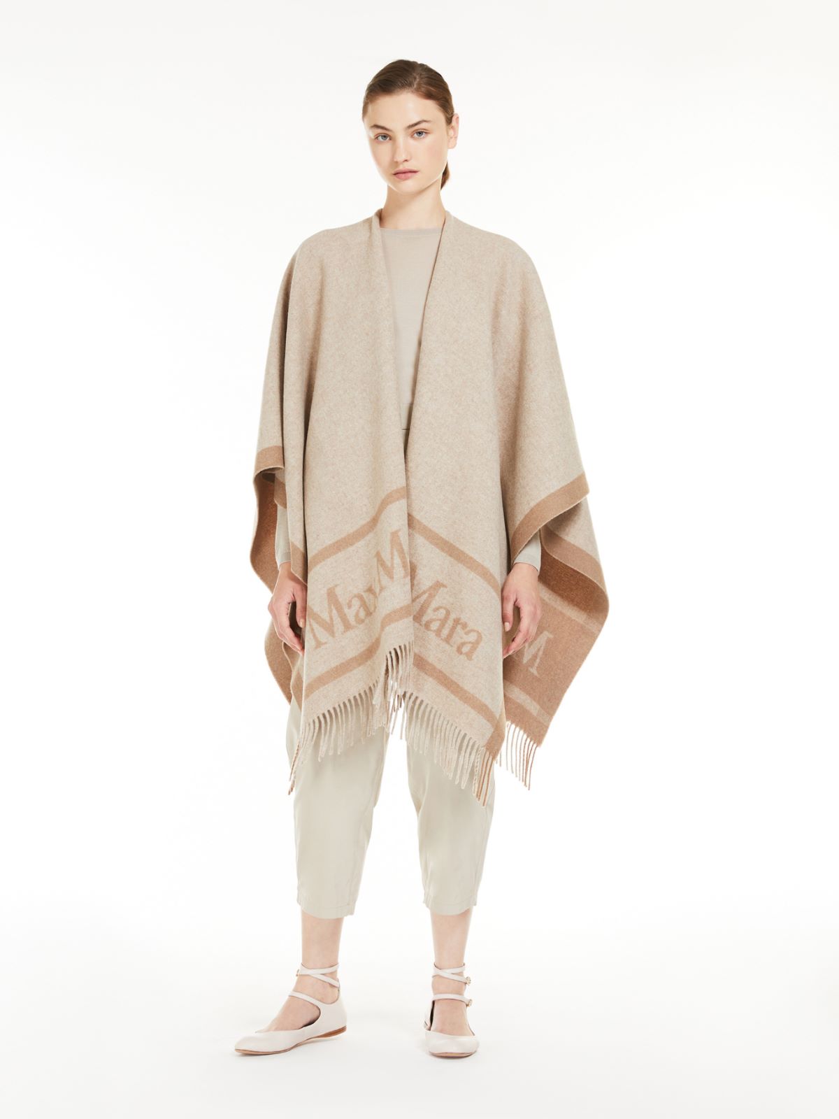 Jacquard wool poncho - BEIGE