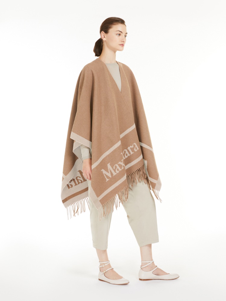 Jacquard wool poncho - CAMEL