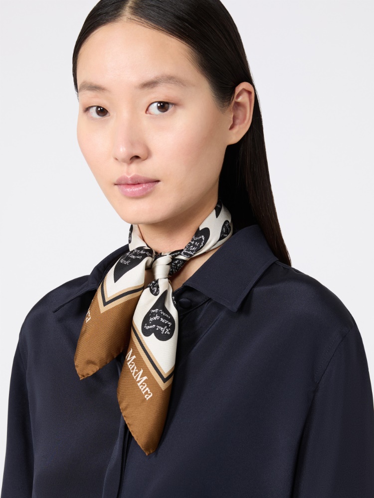 Printed silk twill scarf - TOBACCO - 4