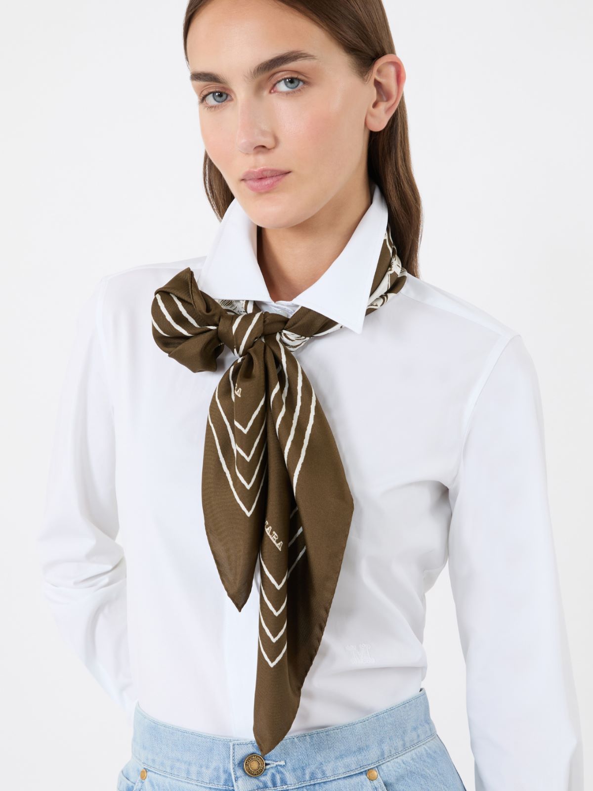 Printed silk twill oversized scarf - DARK BROWN