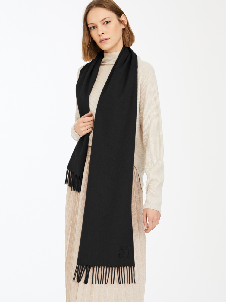 Monogram-embroidered camel stole - BLACK