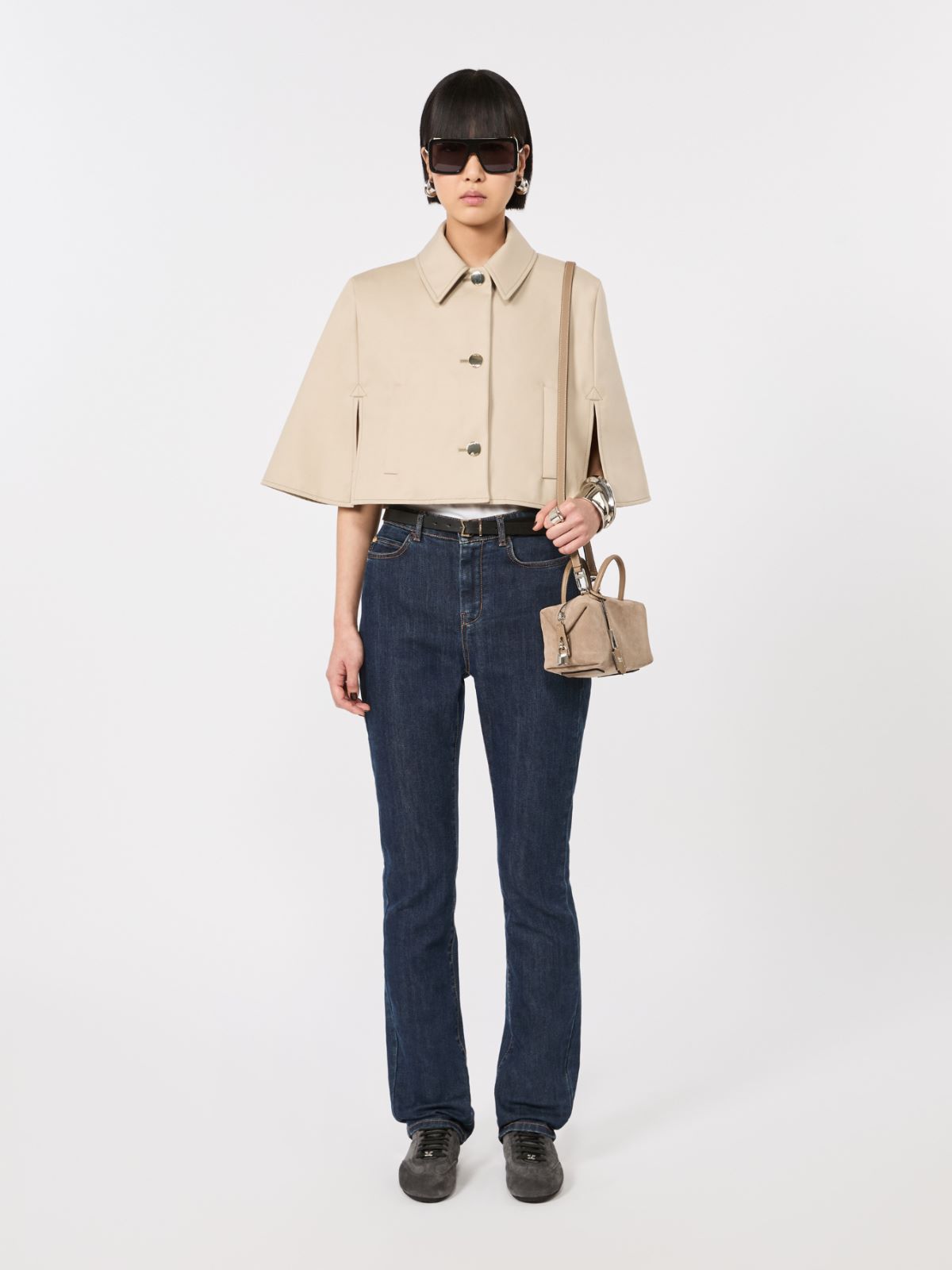 Water-repellent cropped gabardine cape - STONE