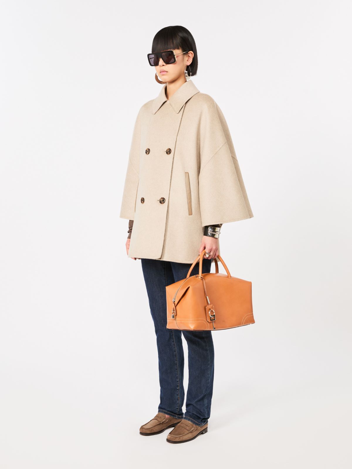 Double-breasted cape in zibeline cashmere - SAND