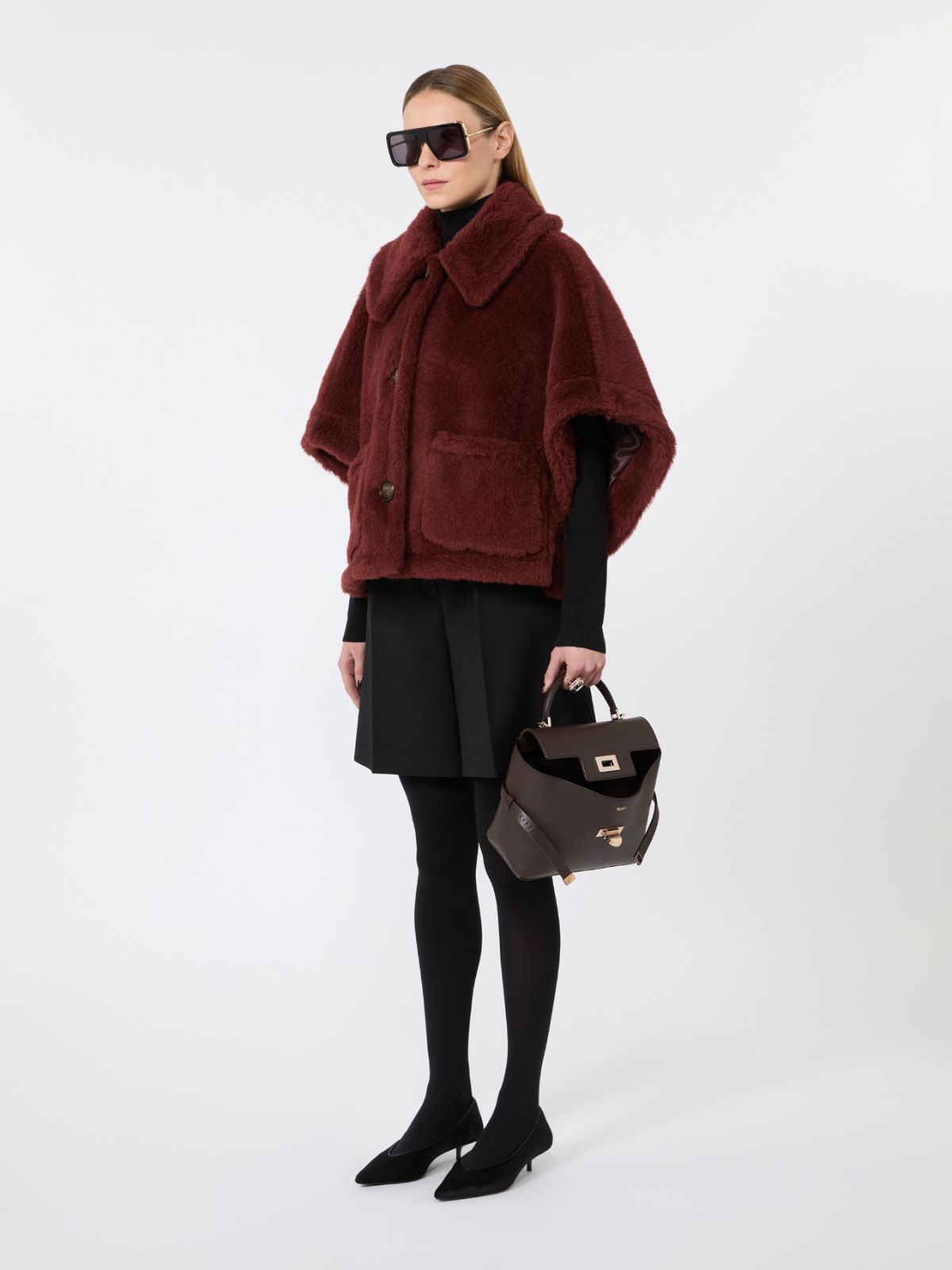Alpaca and wool Teddy fabric boxy cape + RUST - Max Mara