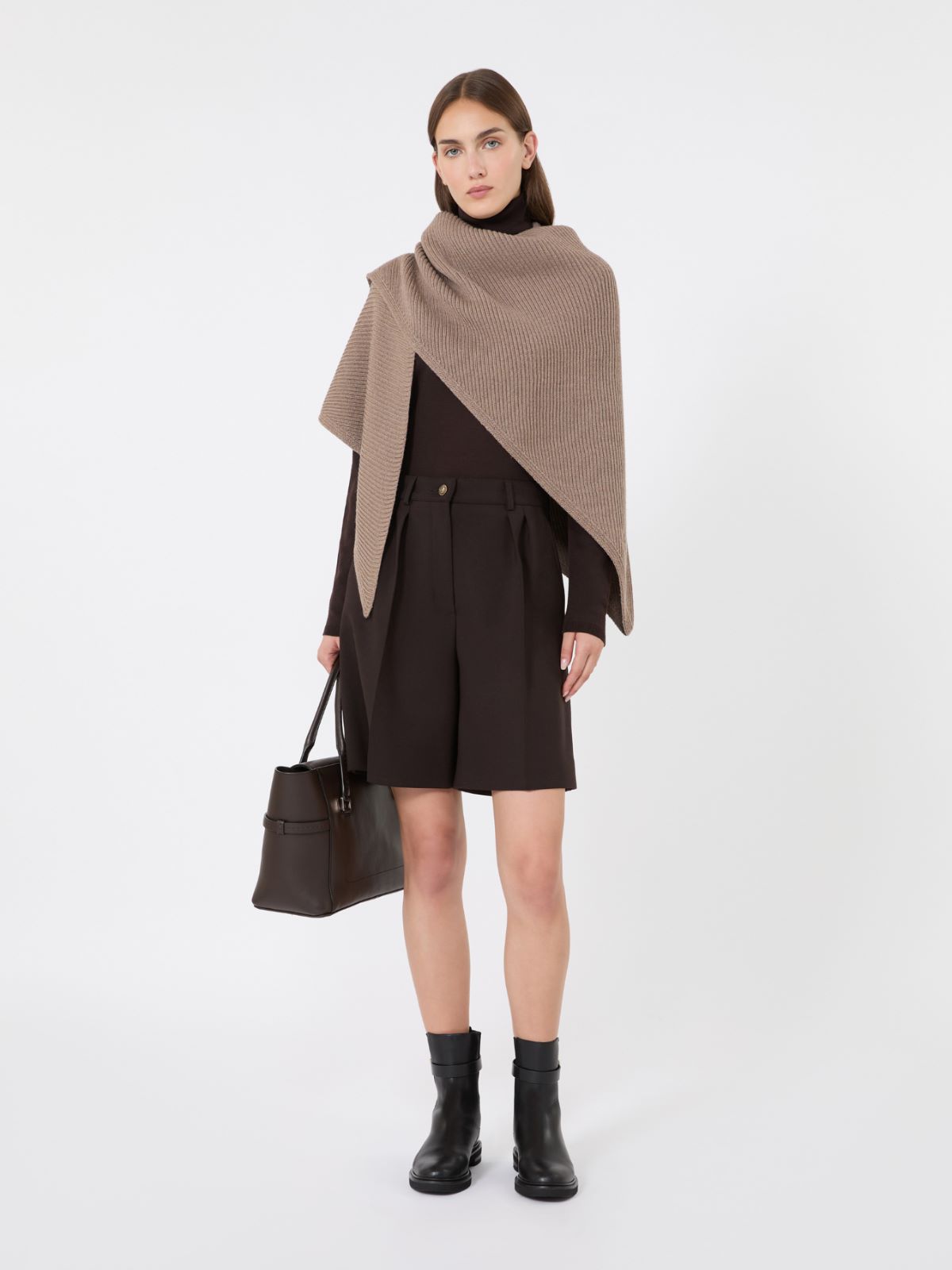 Wool knit oversized shawl - TOBACCO