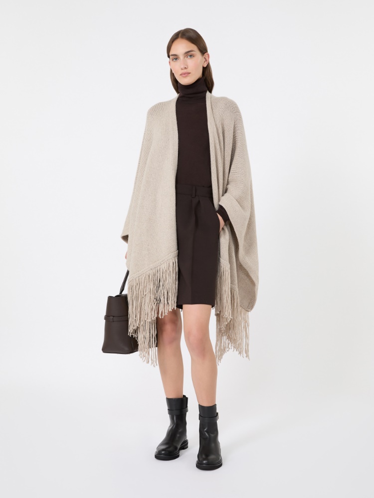 Wool and cashmere cape with fringes - BEIGE