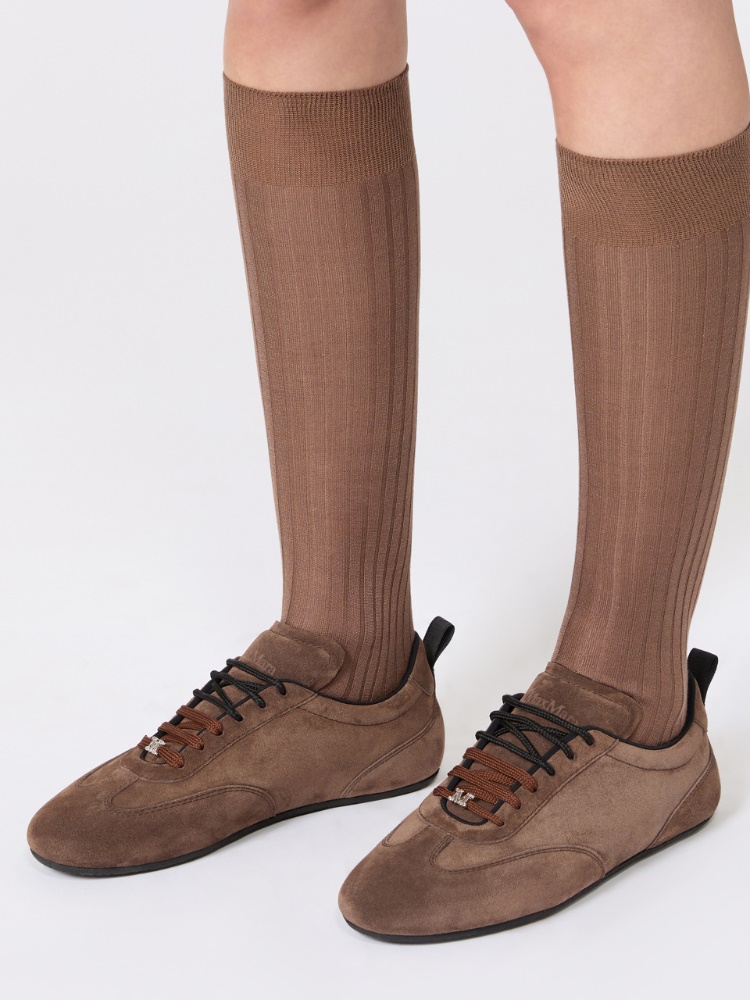 Flat split-leather trainers - DARK BROWN - 5