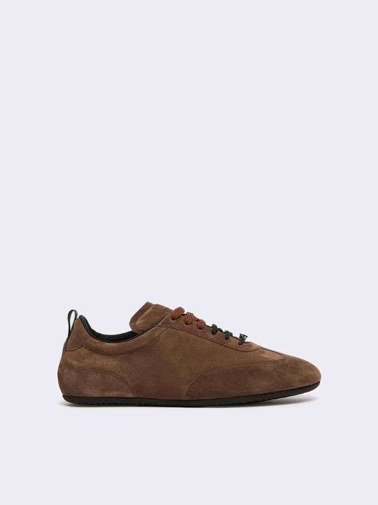 Flat split-leather trainers - DARK BROWN
