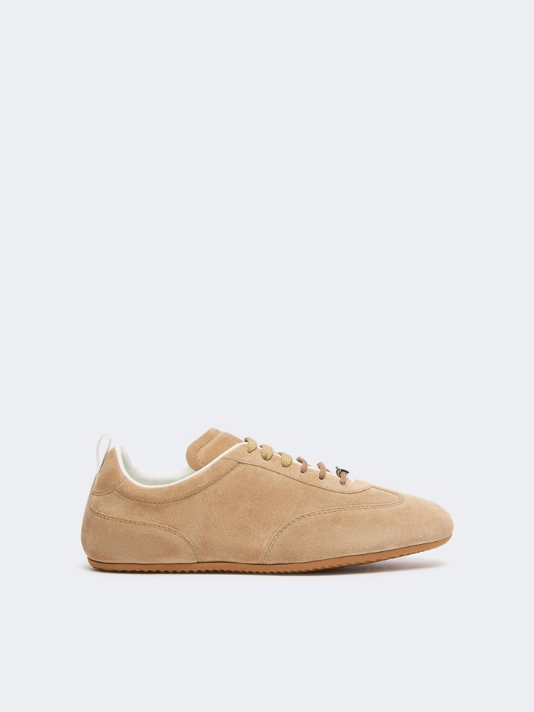 Flat split-leather trainers - BEIGE