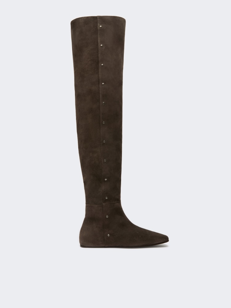 Studded split leather boots - DARK BROWN