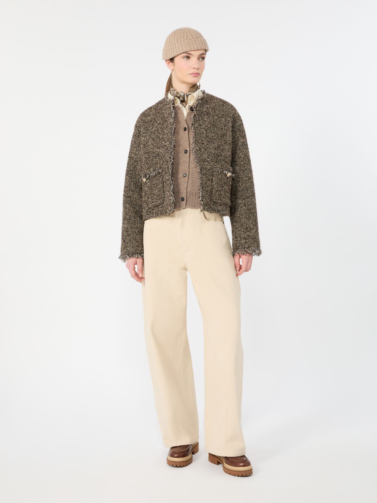 Wool blend bouclé boxy jacket - BROWN